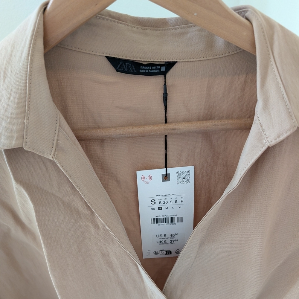 NWT Zara Collared Button-Front Boxy Collared Shirt In Tan - S - Picture 8 of 8